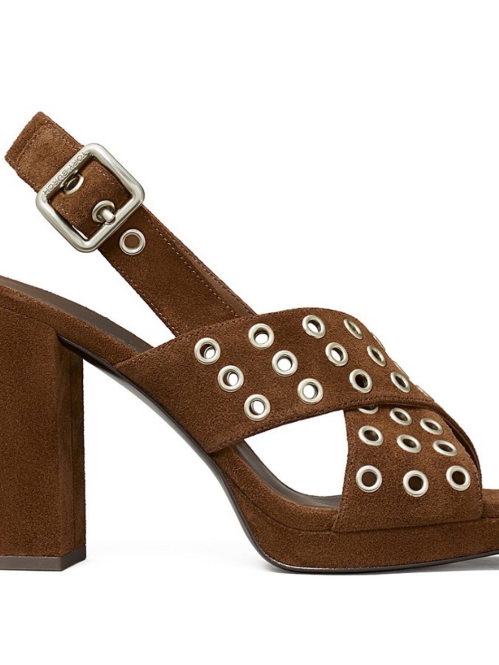 Tory Burch Cross Band Brown Suede Grommet Slingback Block Heels 7.5 - Picture 3 of 8